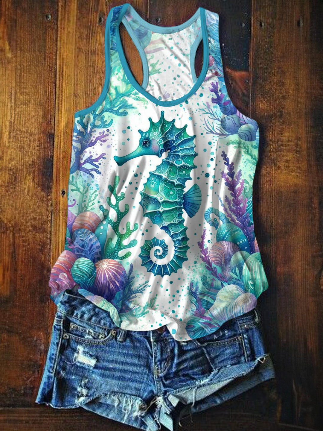 Undersea Seahorse Printed Casual Tank Top