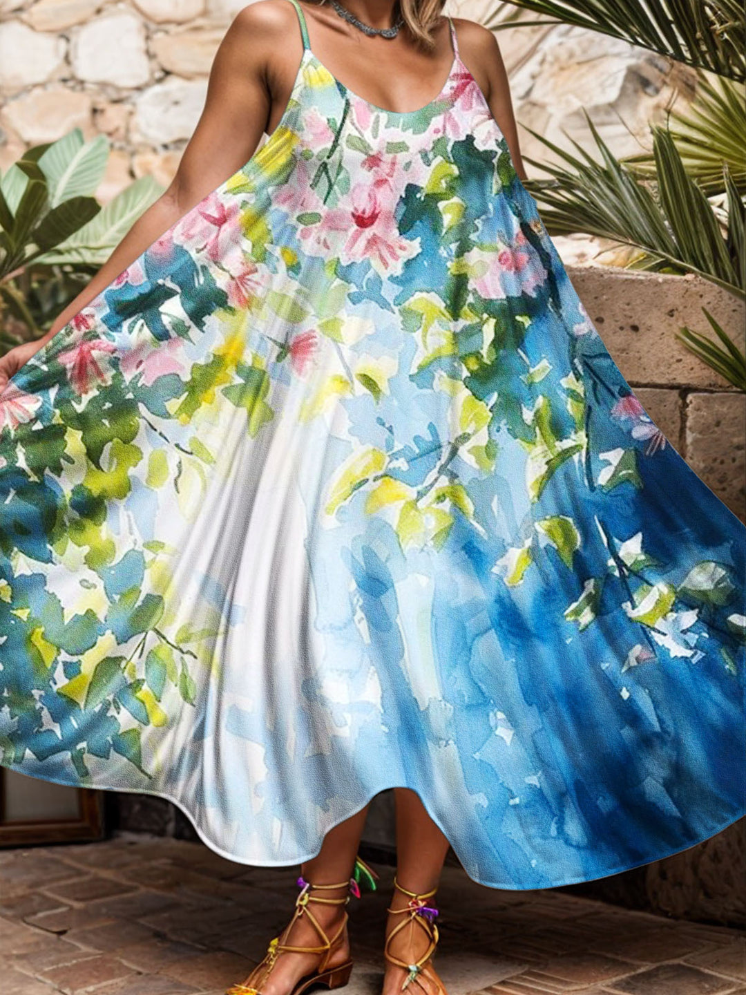 Sunlight Flower Women's Printed Casual Spaghetti Strap Dress