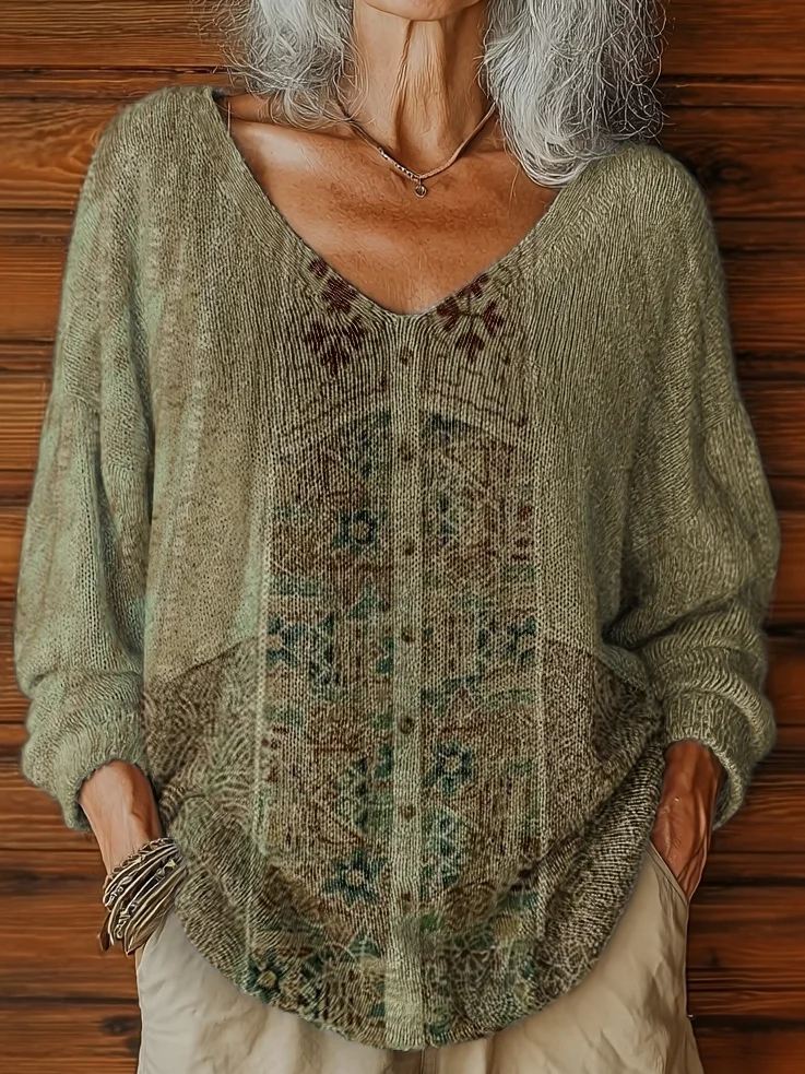 Retro Ethnic Pattern Casual V Neck Pullover Sweater