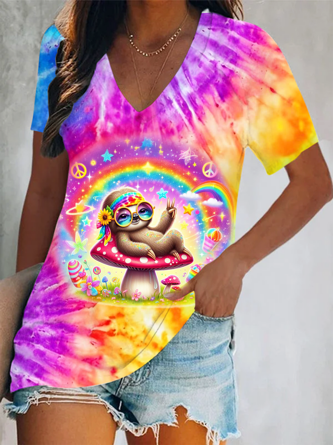 Rainbow Hippie Sloth Art Short Sleeve V Neck Print Top