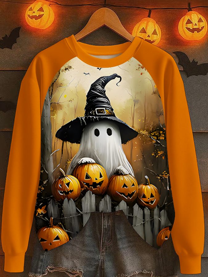 Retro Halloween Pumpkin Ghost Long Sleeve Casual Top