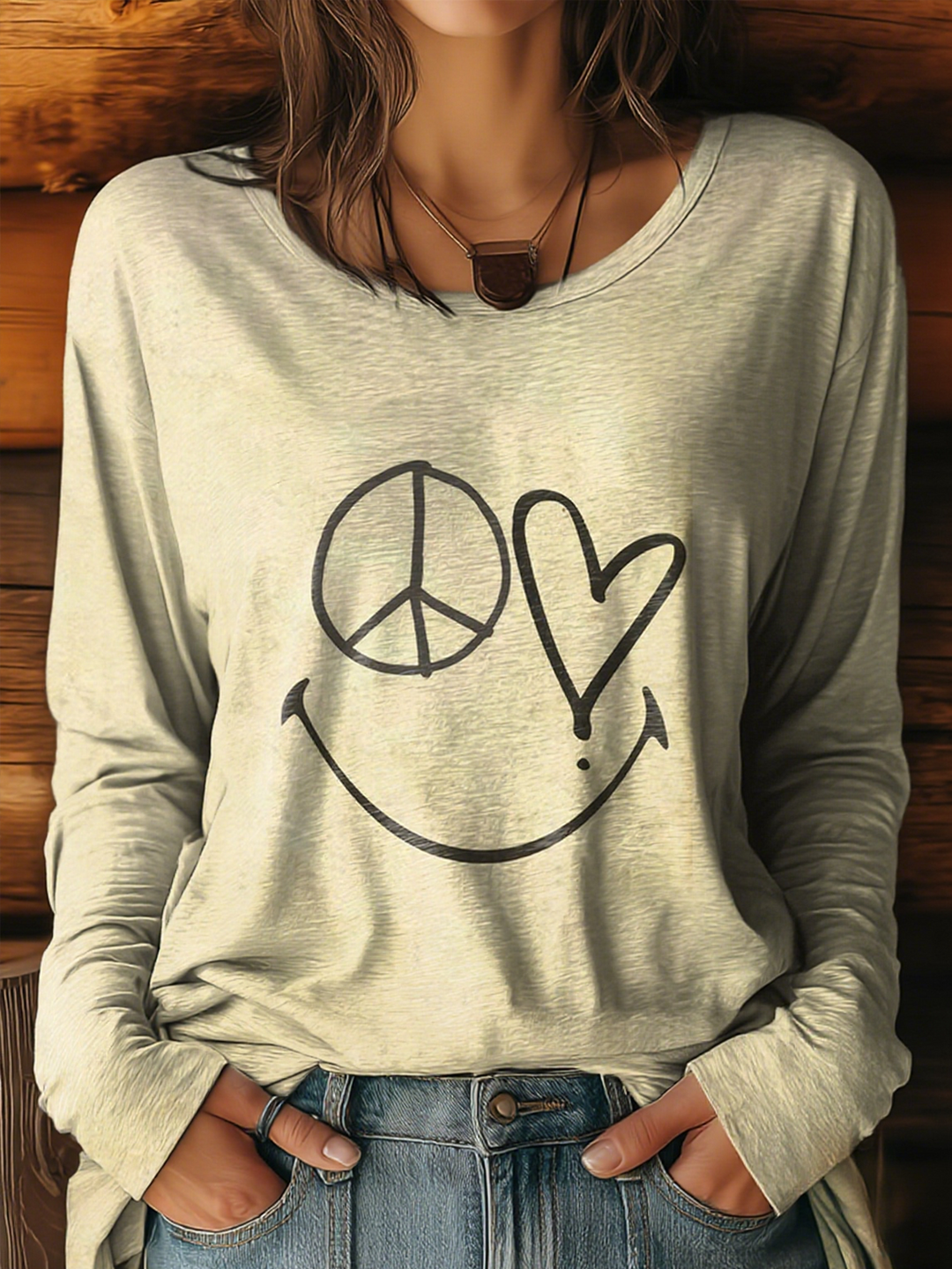 Women's Hippie Smiling Face Round Neck Long Sleeve T-shirt
