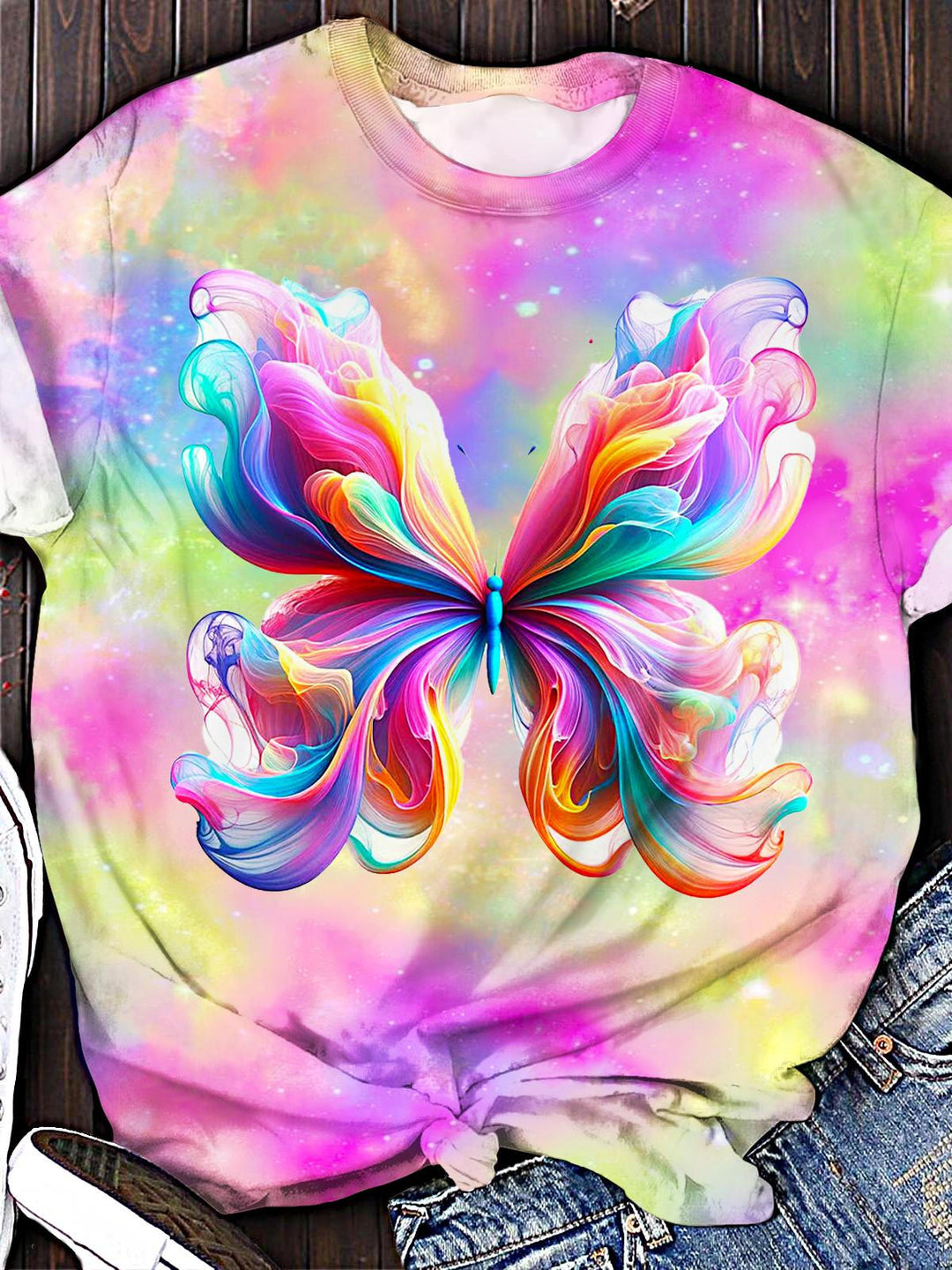 Spring And Summer Colorful Butterfly Print Crew Neck T-shirt
