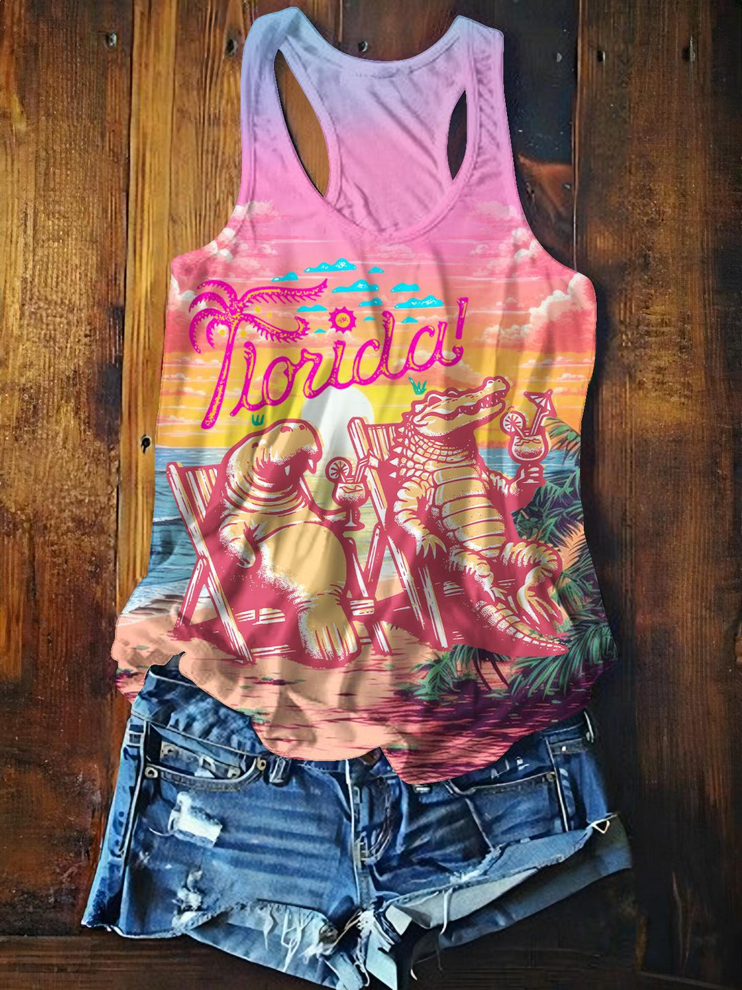 Florida Manatee Alligator Print Casual Tank Top
