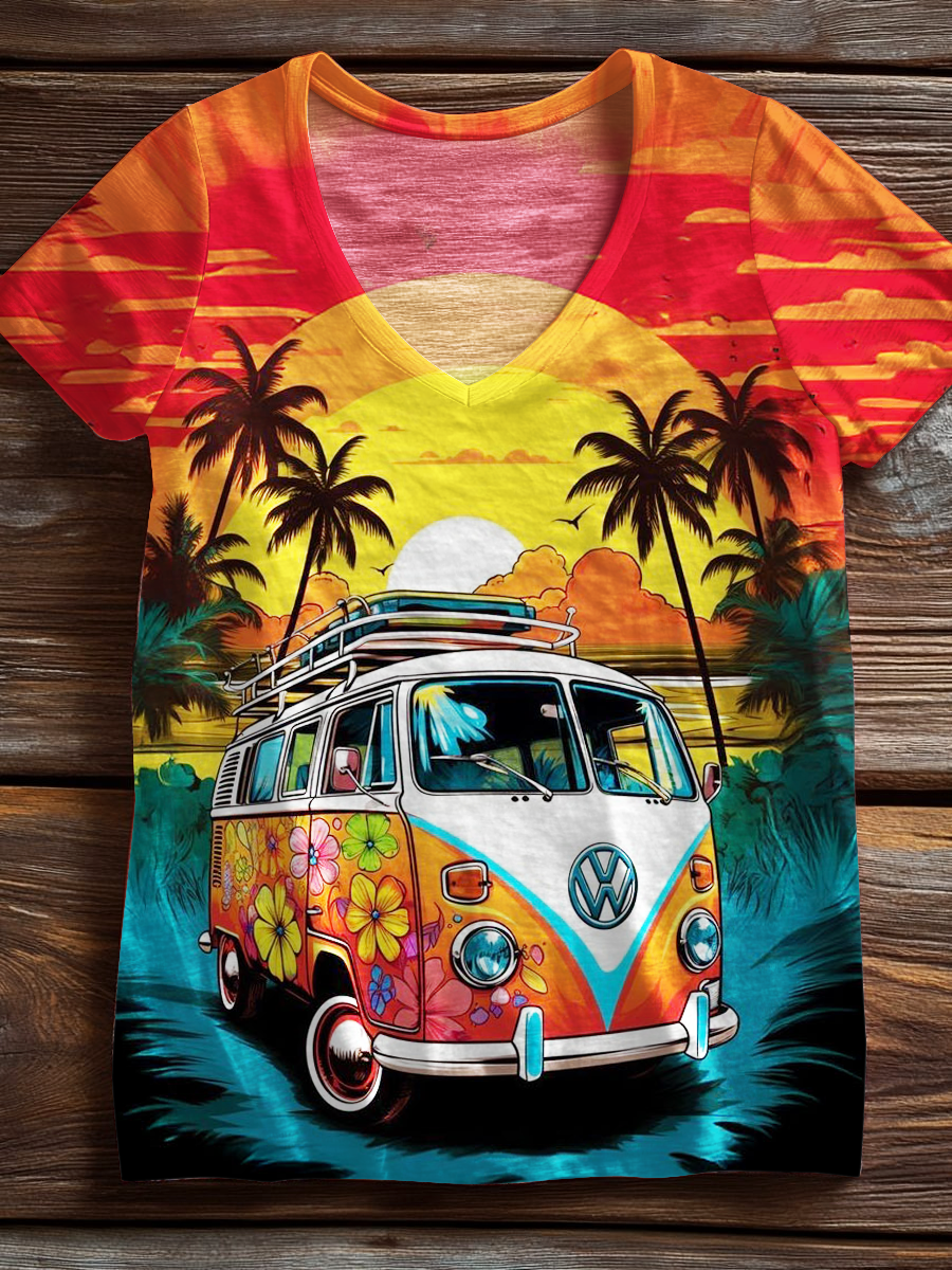 Retro Hippie Sunset Van Art V-neck T-Shirt