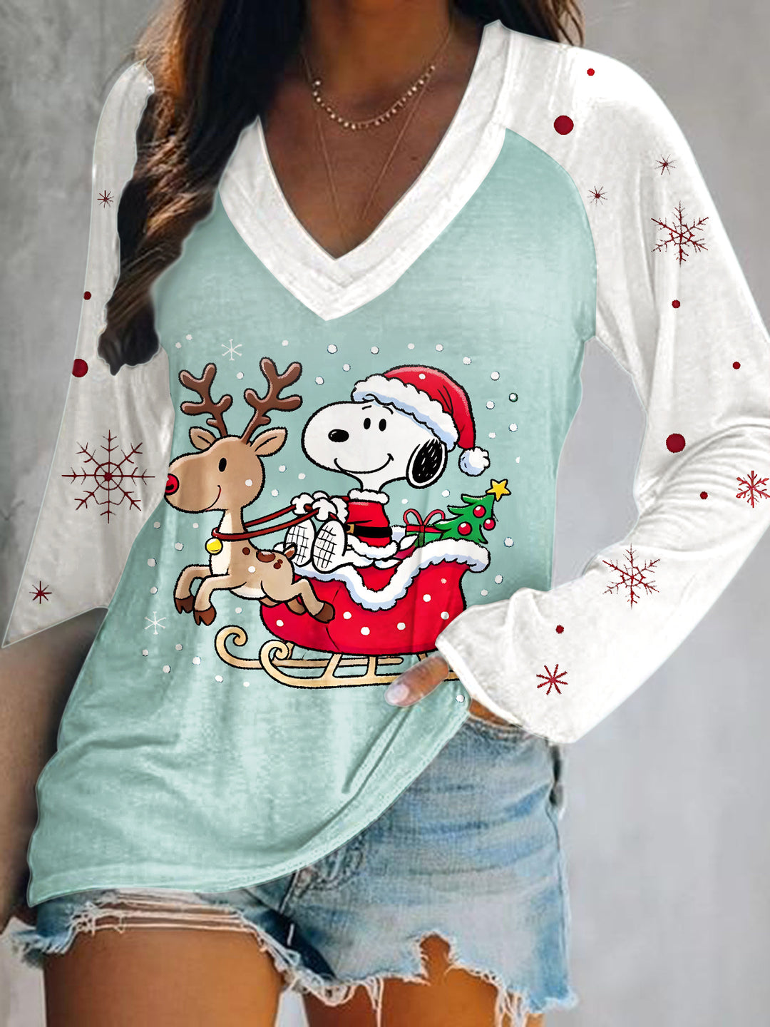 Cute Cartoon Snoopy Print V-Neck Long Sleeve Top