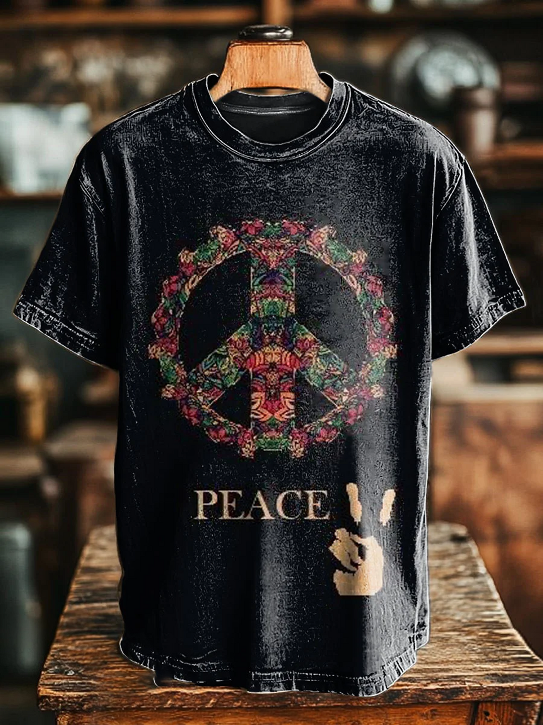 Hippie Peace Sign Hand Gesture Crew Neck T-shirt