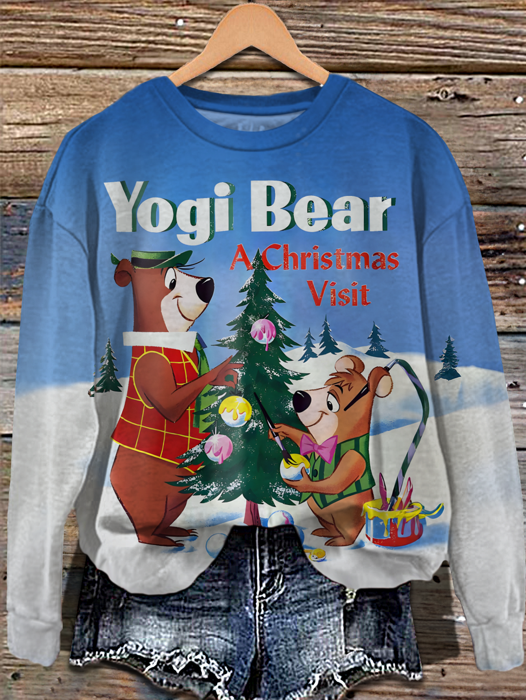 Christmas Yogi Bear Printed Long Sleeve Casual Top