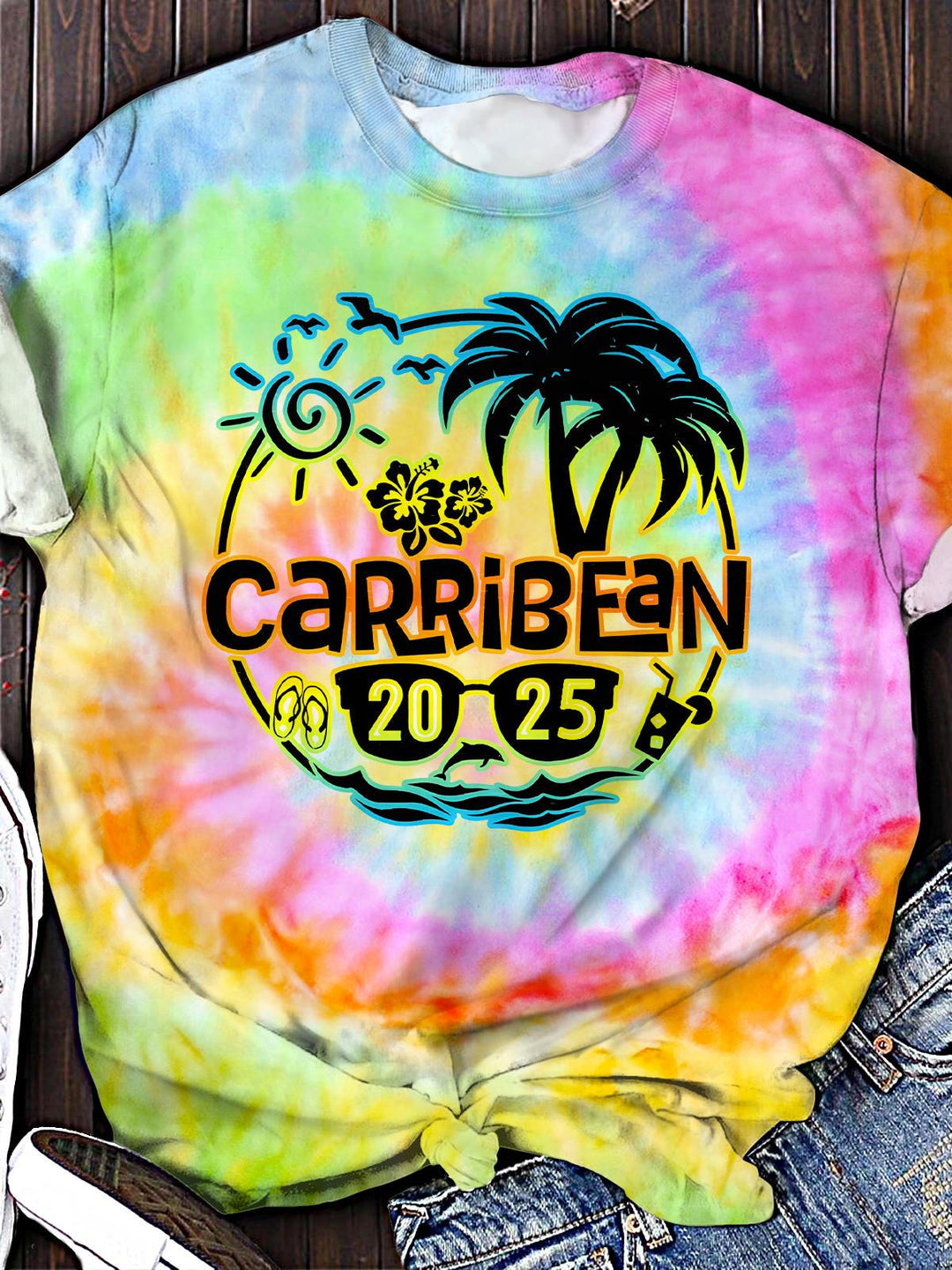 Family Vacation Travel Tie-Dye Printed Crew Neck T-shirt