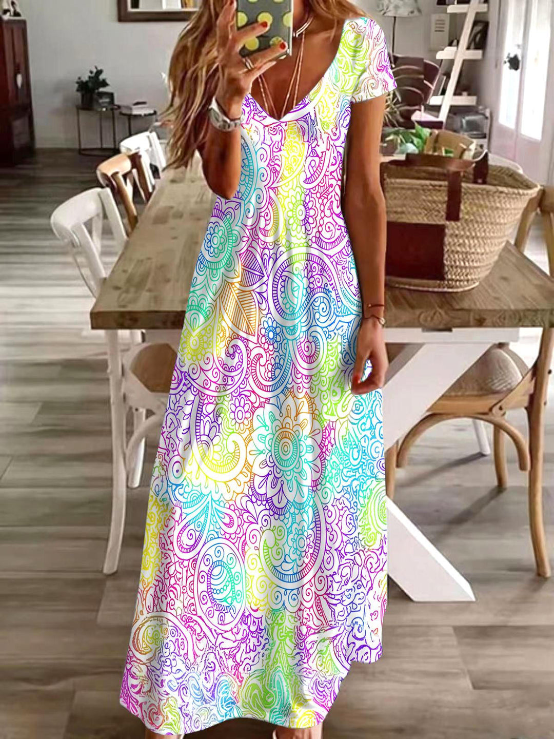 Colorful Flower Line Print Short Sleeve V Neck Maxi Dress