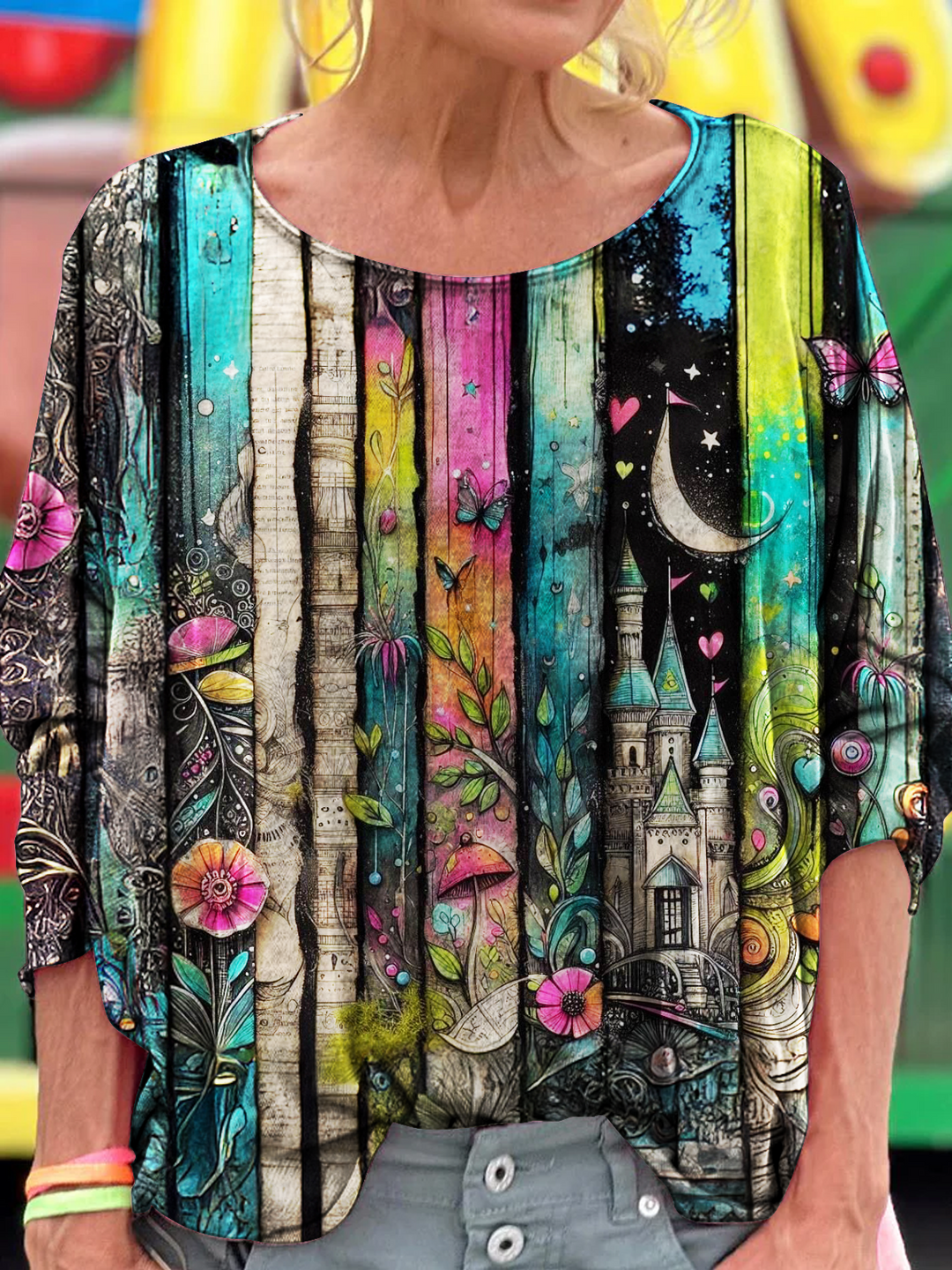 Retro Colorful Hippie Collage Art Dropped Shoulders Long Sleeves T-shirt