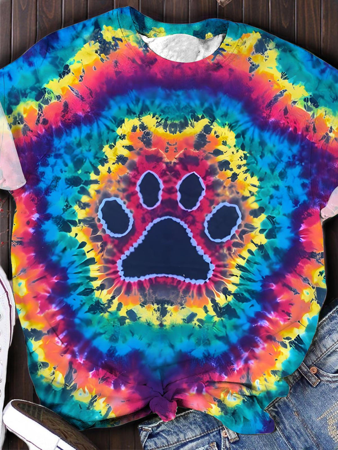 Hand Dyed Tie Dye Paw Print Crew Neck T-shirt