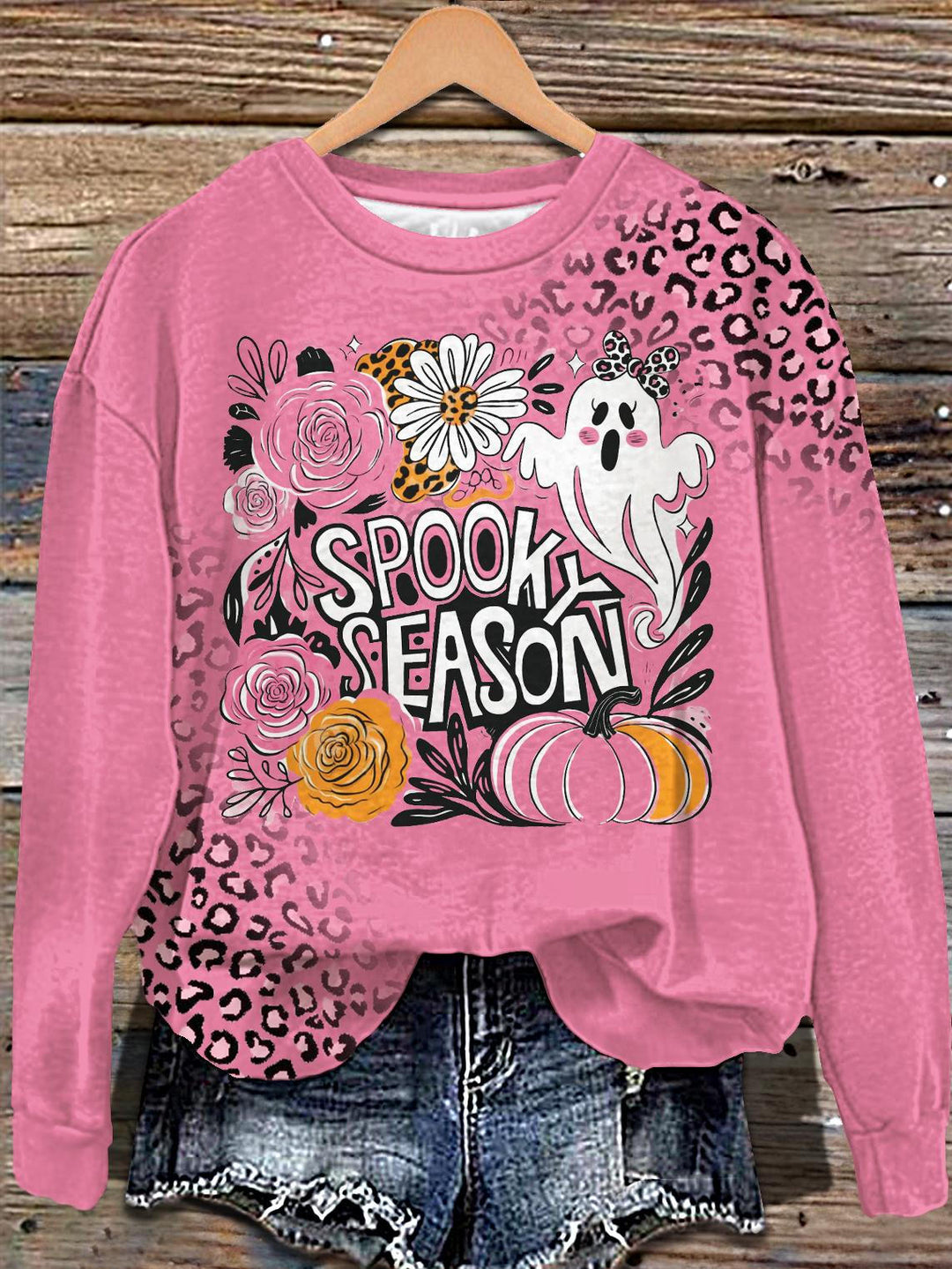 Halloween Leopard Print Pumpkin Printed Long Sleeve Casual Top
