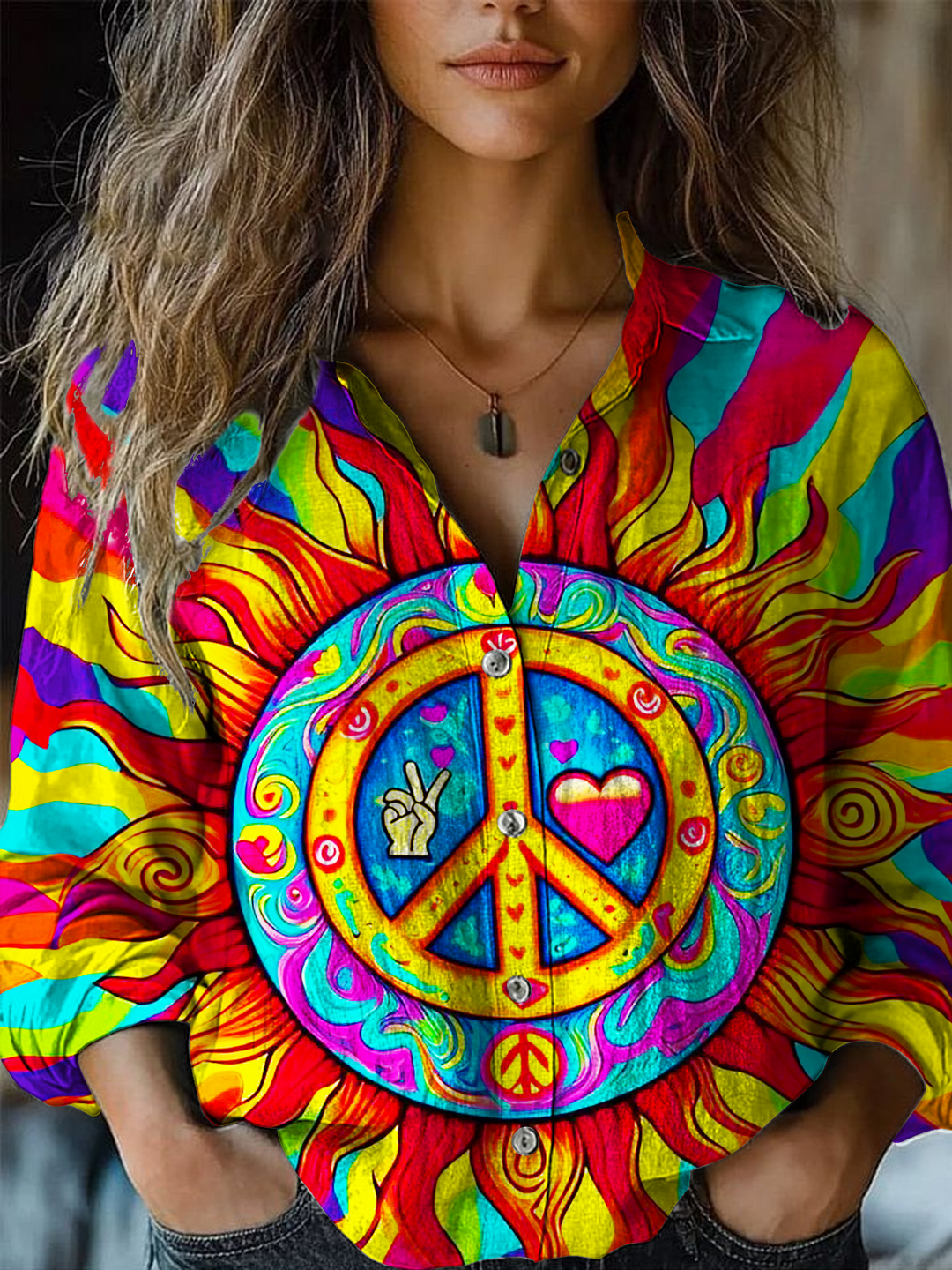 Colorful Love And Peace Sunflower Hippie Art Women's Printed Casual Shirt