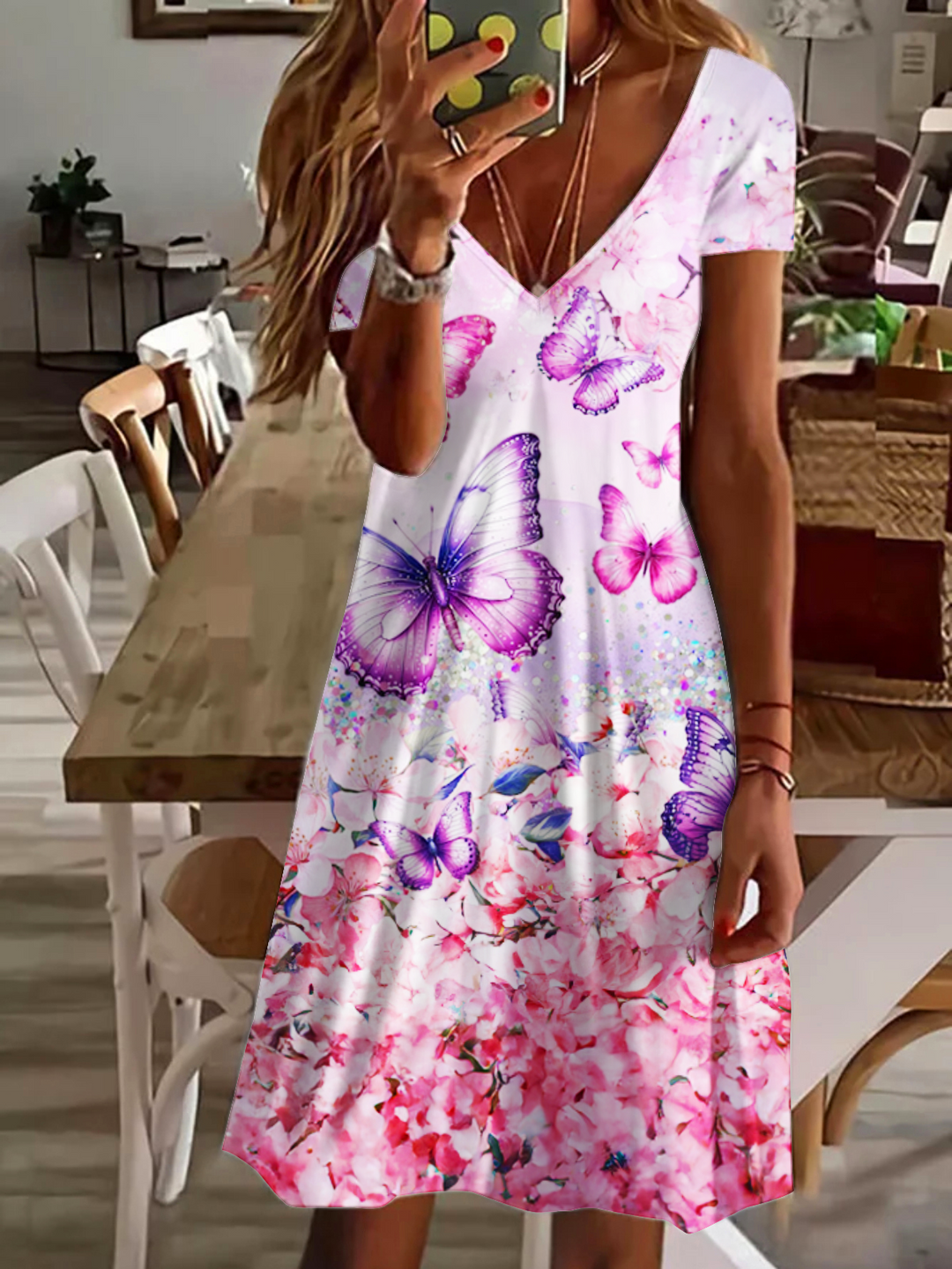 Pink Flower Butterfly Art V Neck Short Sleeve Dress