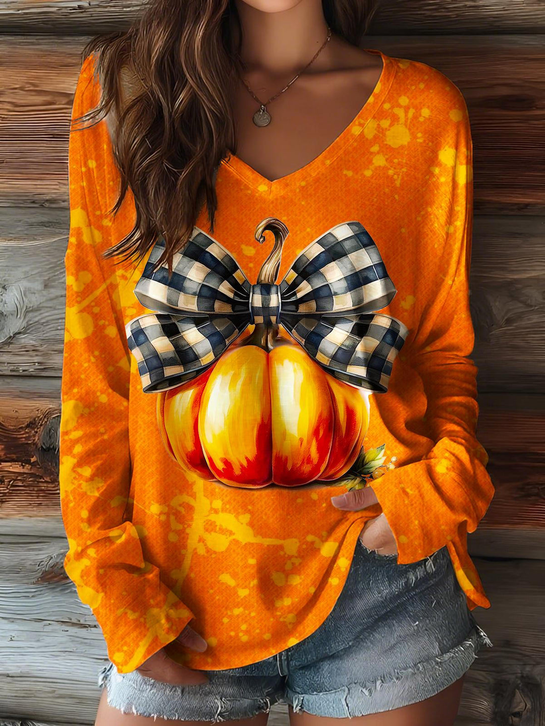Autumn Bow Pumpkin V-neck Long Sleeve Top