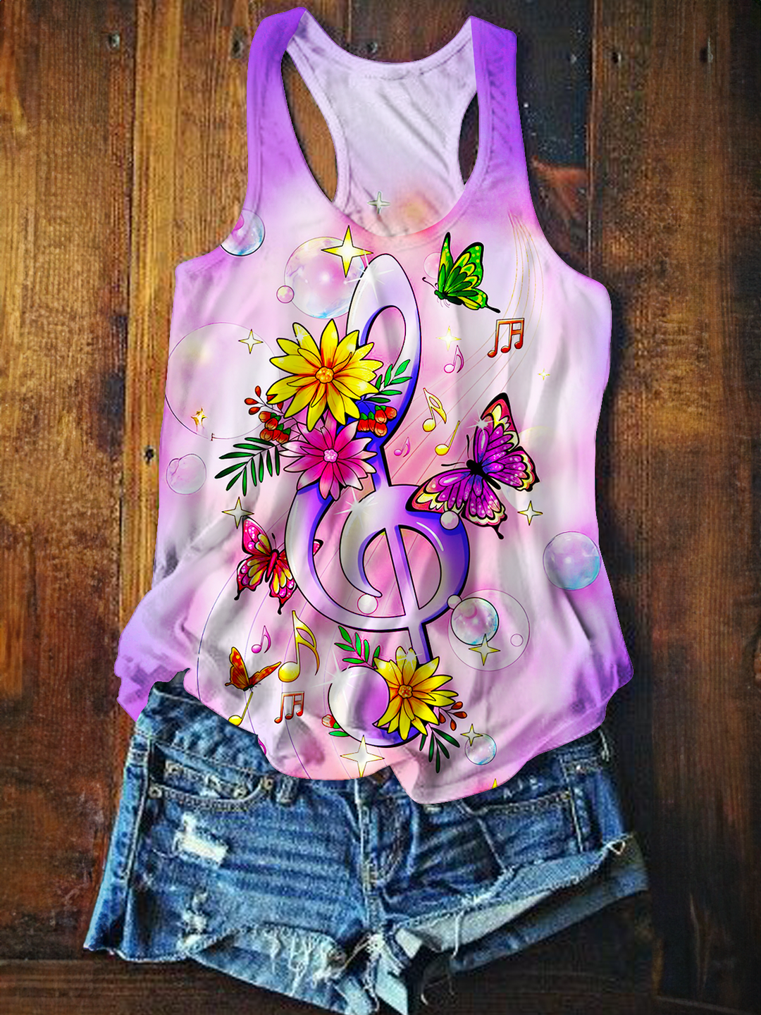 Tie Dye Hippie Sheet Music Butterfly Art Printed Casual Tank Top