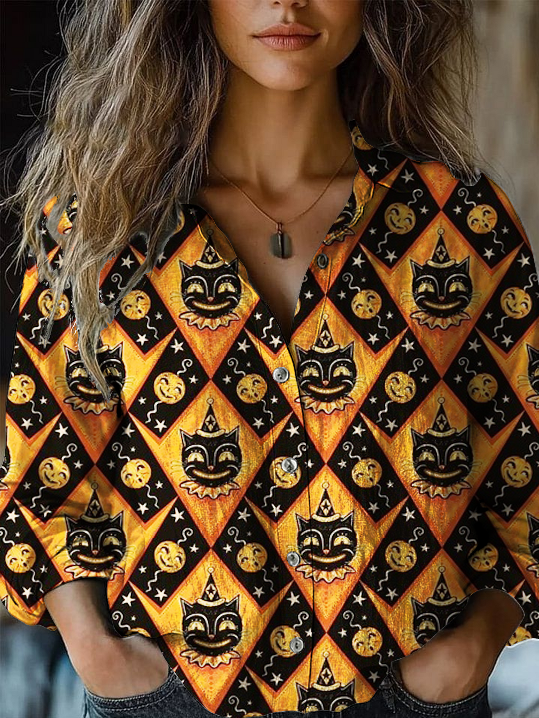 Grinning Black Cat & Jacks Women's Printed Casual Shirt