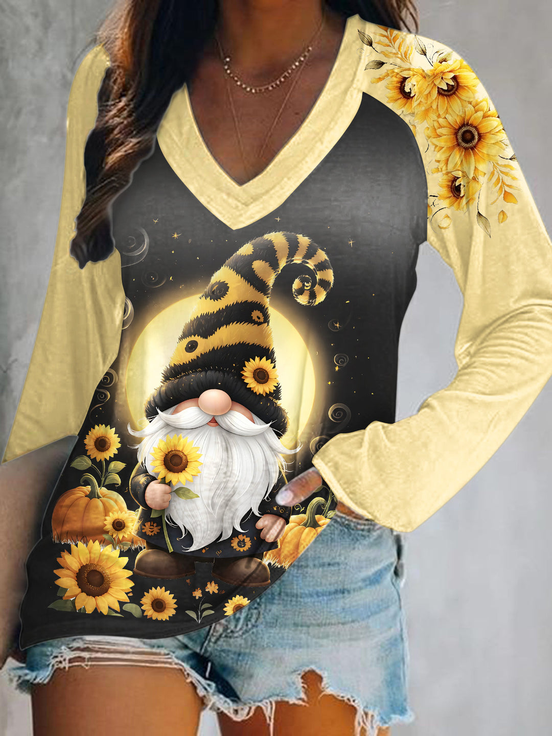 Sunflower Pumpkin Dwarf Print V-Neck Long Sleeve Top