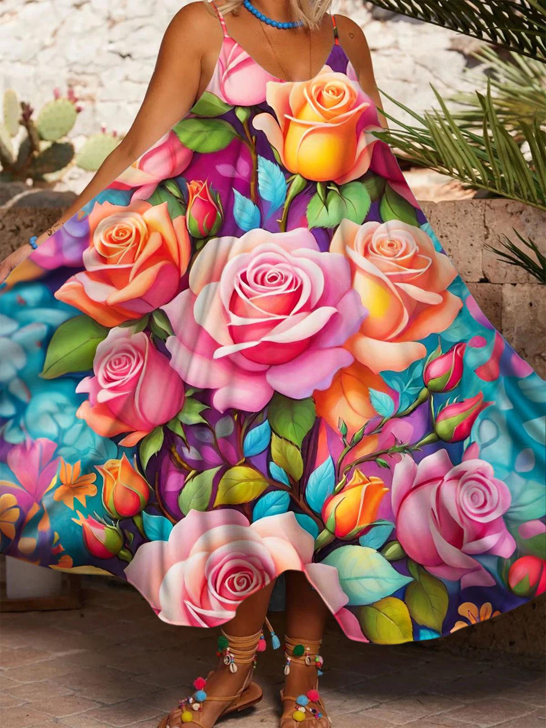 Colorful Rose Floral Printed Casual Spaghetti Strap Dress