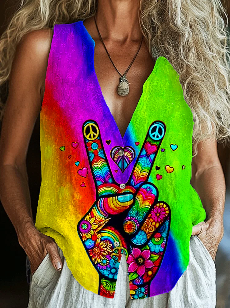 Colorful Hippie Peace Hand Art Sports V-neck Vest