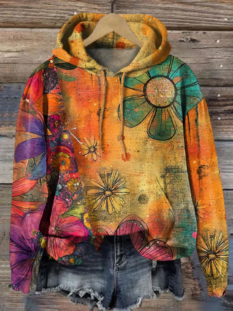 Retro Gradient Hippie Floral Art Long Sleeve Printed Hoodie