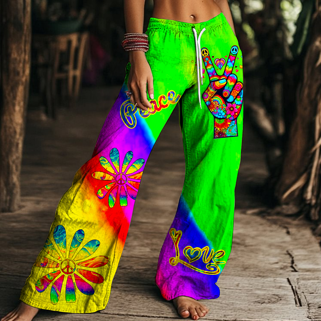 Colorful Love and Peace Hands Art Women's Drawstring Wide-Leg Pants