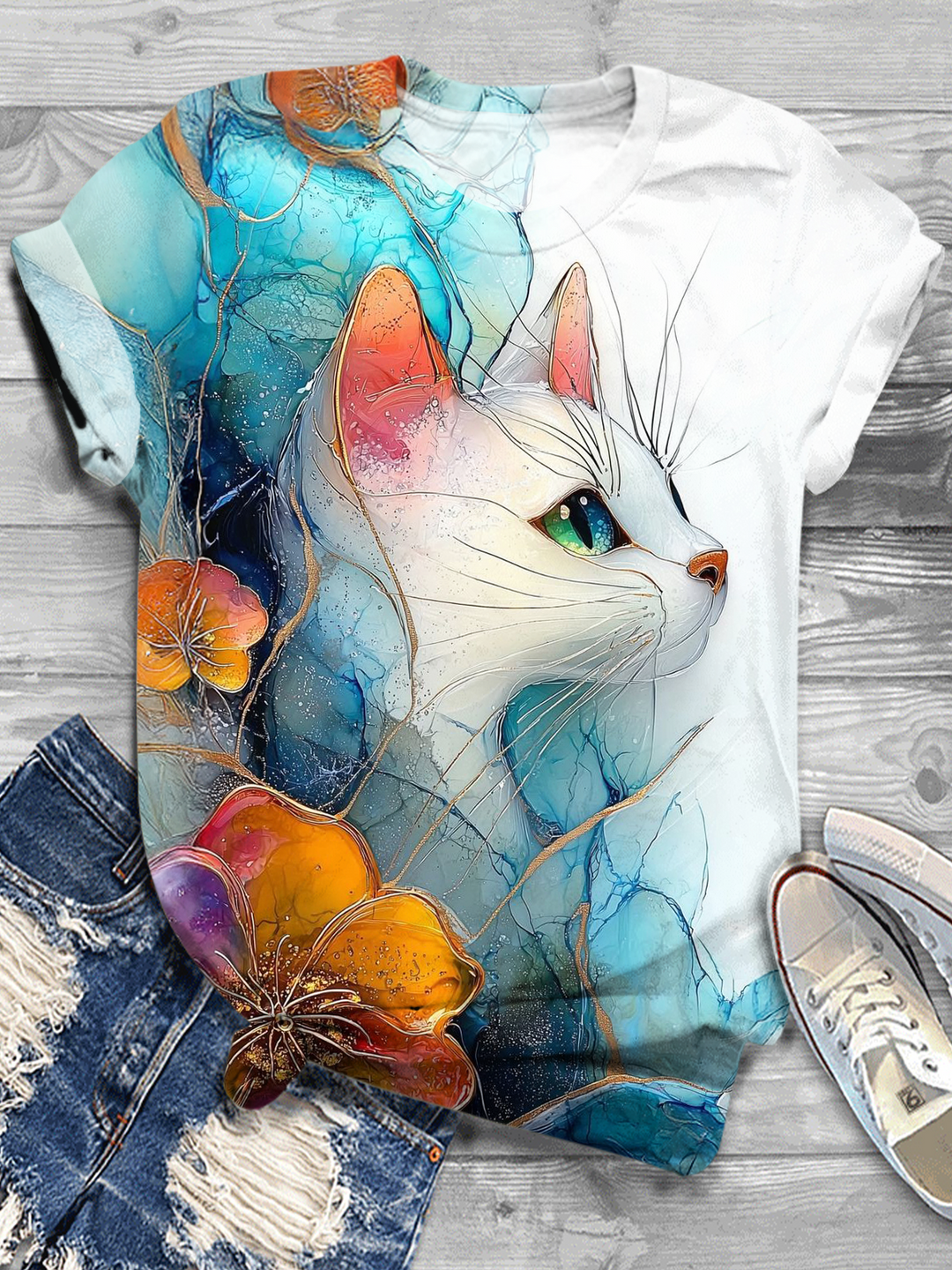 Gradient Gold Foil Watercolor Cat Art Crew Neck T-shirt