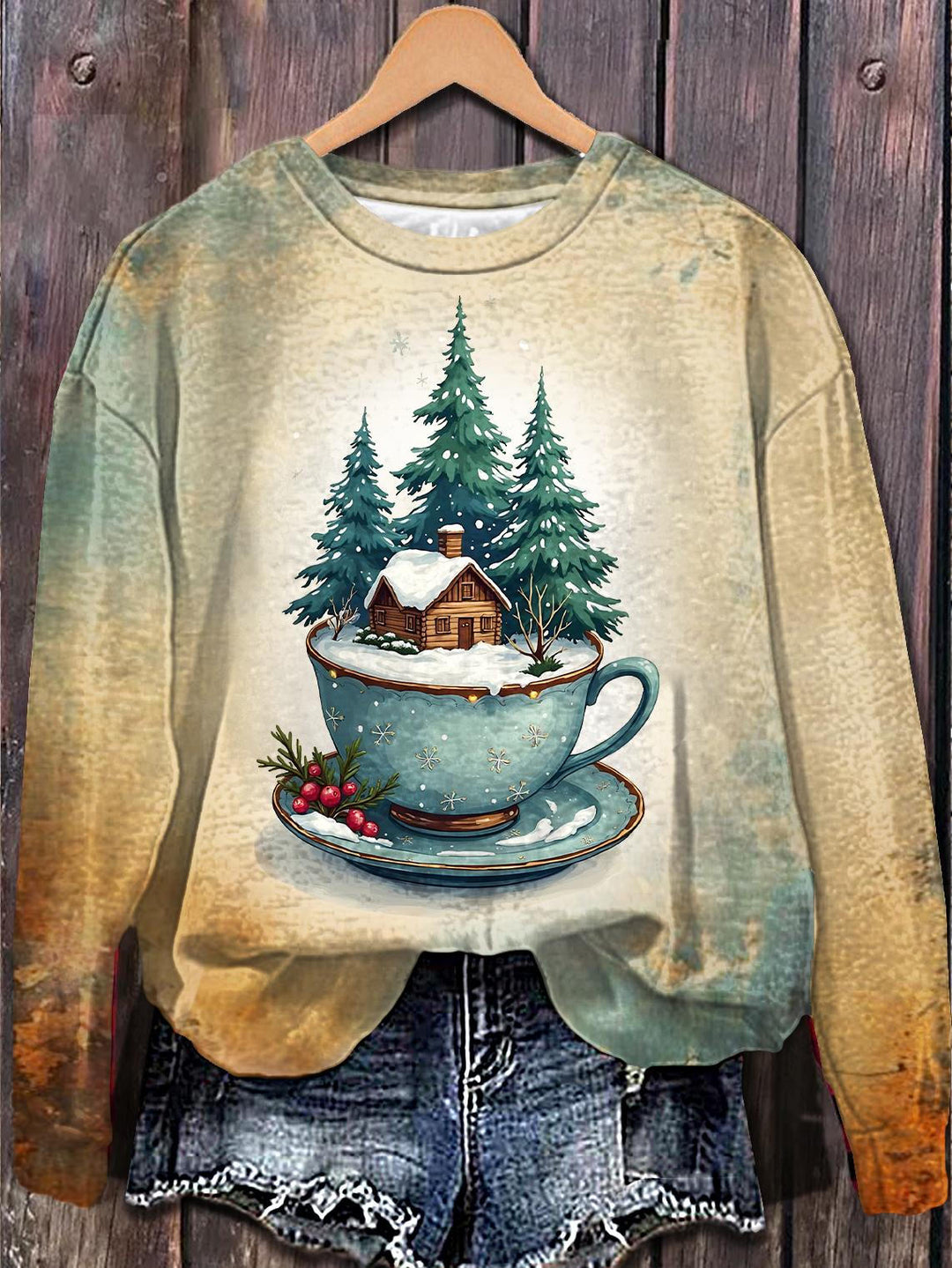 Retro Christmas Cup Printed Long Sleeve Casual Top