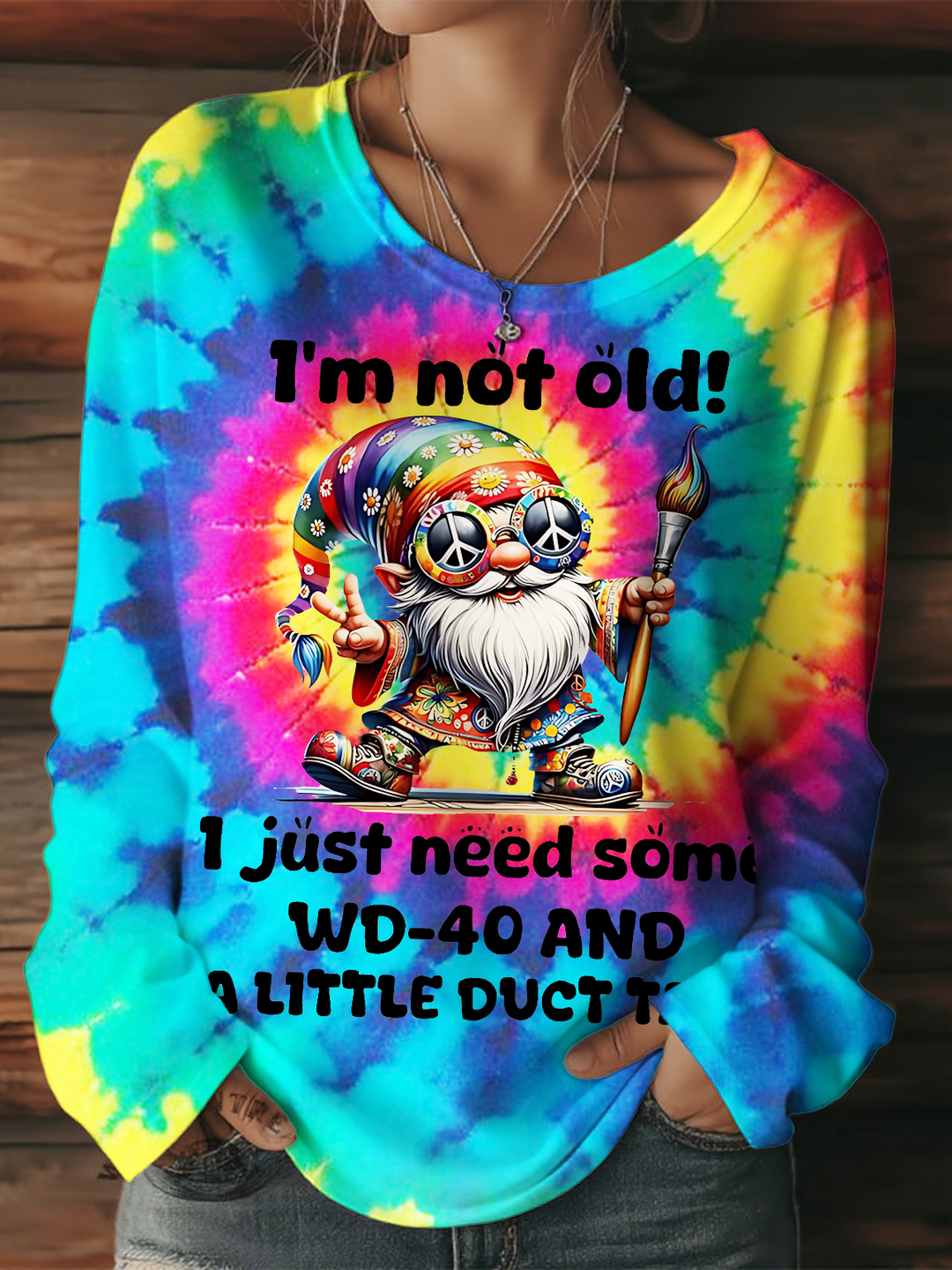 I'm Not Old Hippie Gnome Women's Round Neck Long Sleeve T-shirt