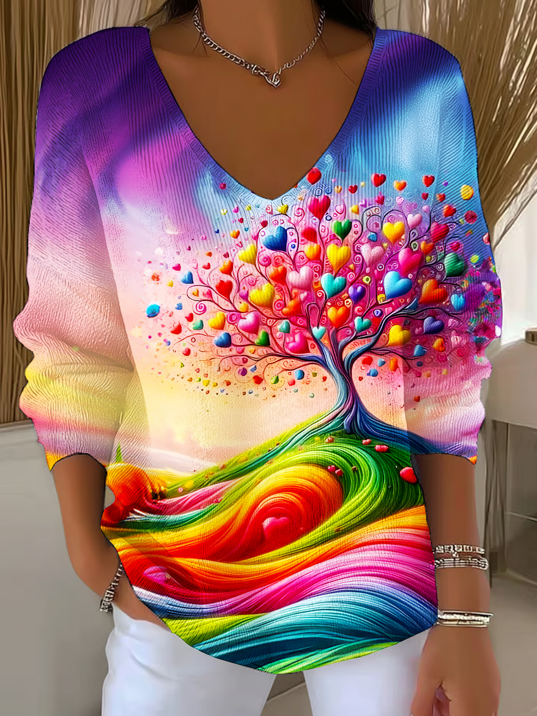 Colorful Hippie Love Tree Casual V Neck Pullover Sweater