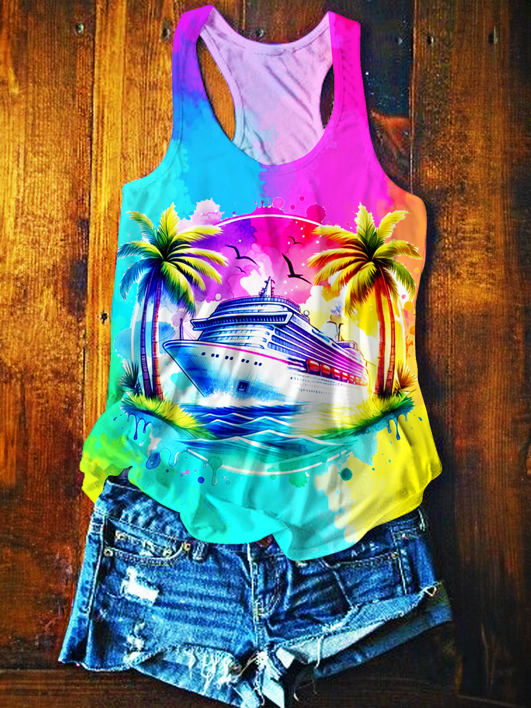 Vacation Cruise Ship Watercolor Art Printed Casual Tank Top