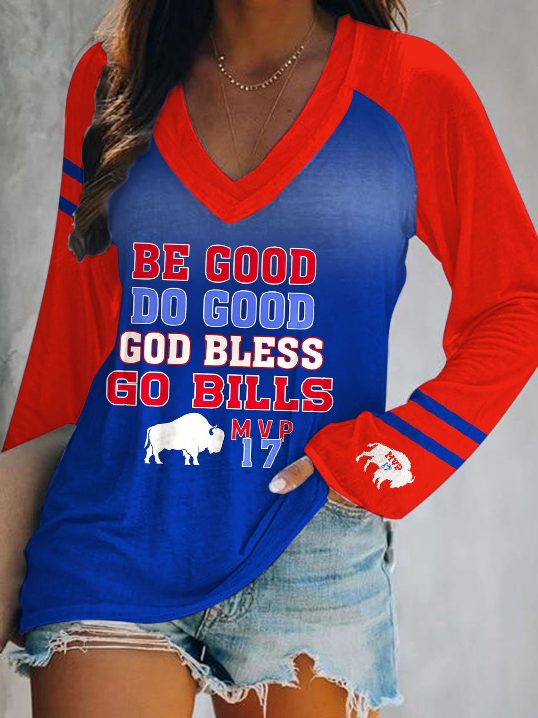 Buffalo Bills Football Print V-Neck Long Sleeve Top
