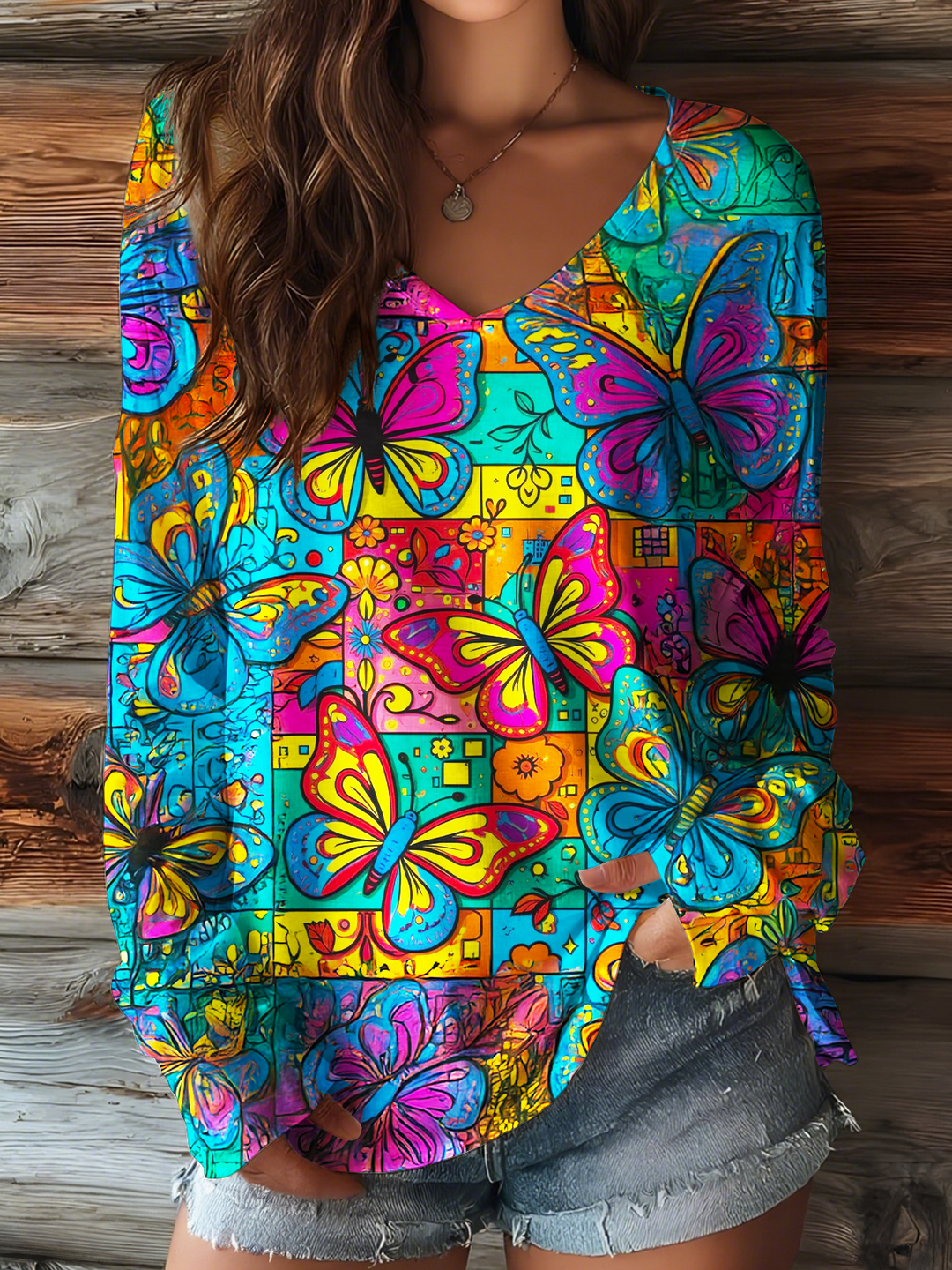 Colorful Patchwork Hippie Butterfly Art V-neck Long Sleeve Top