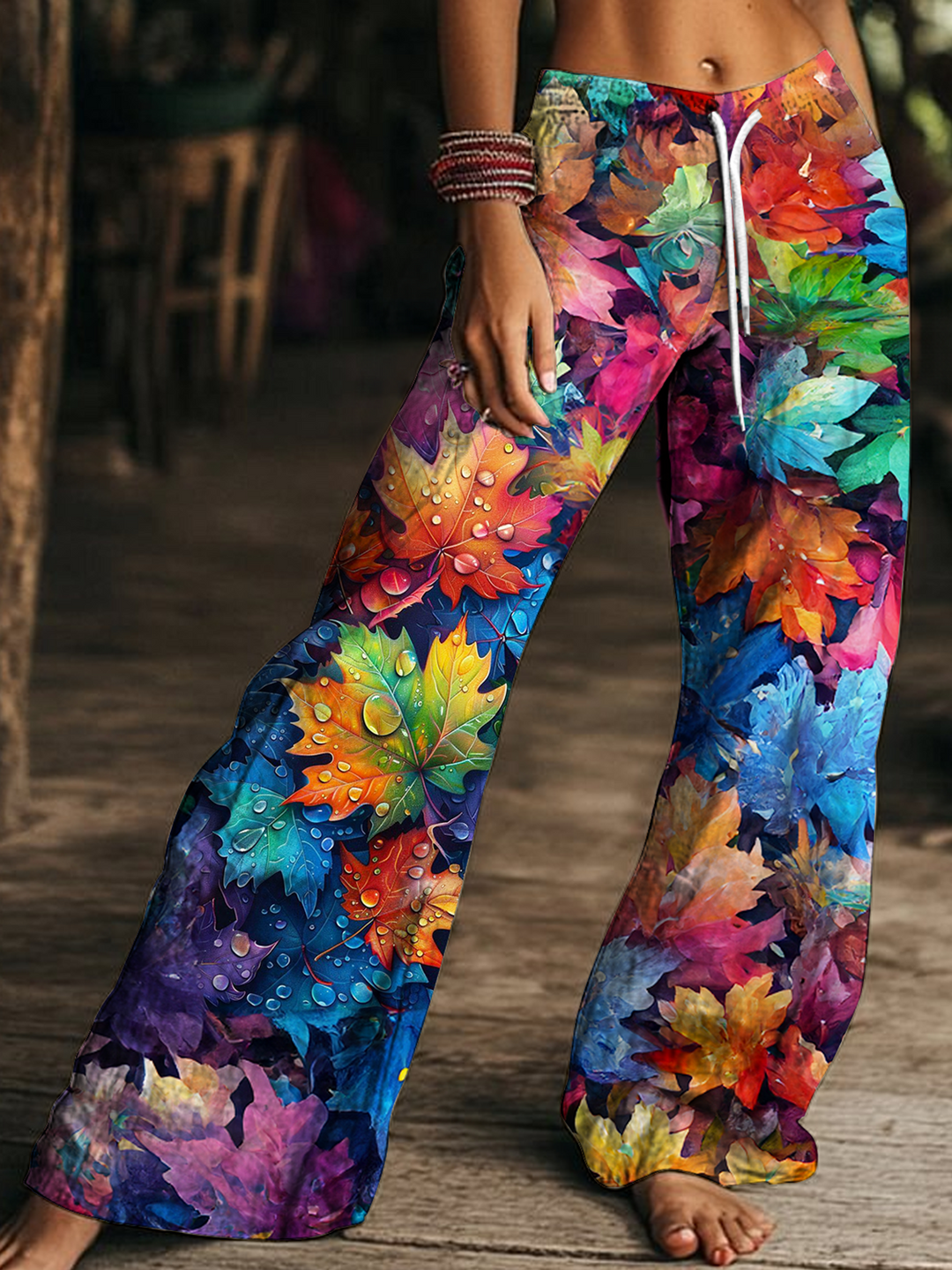 Colorful Hippie Autumn Maple Art Women's Drawstring Wide-Leg Pants
