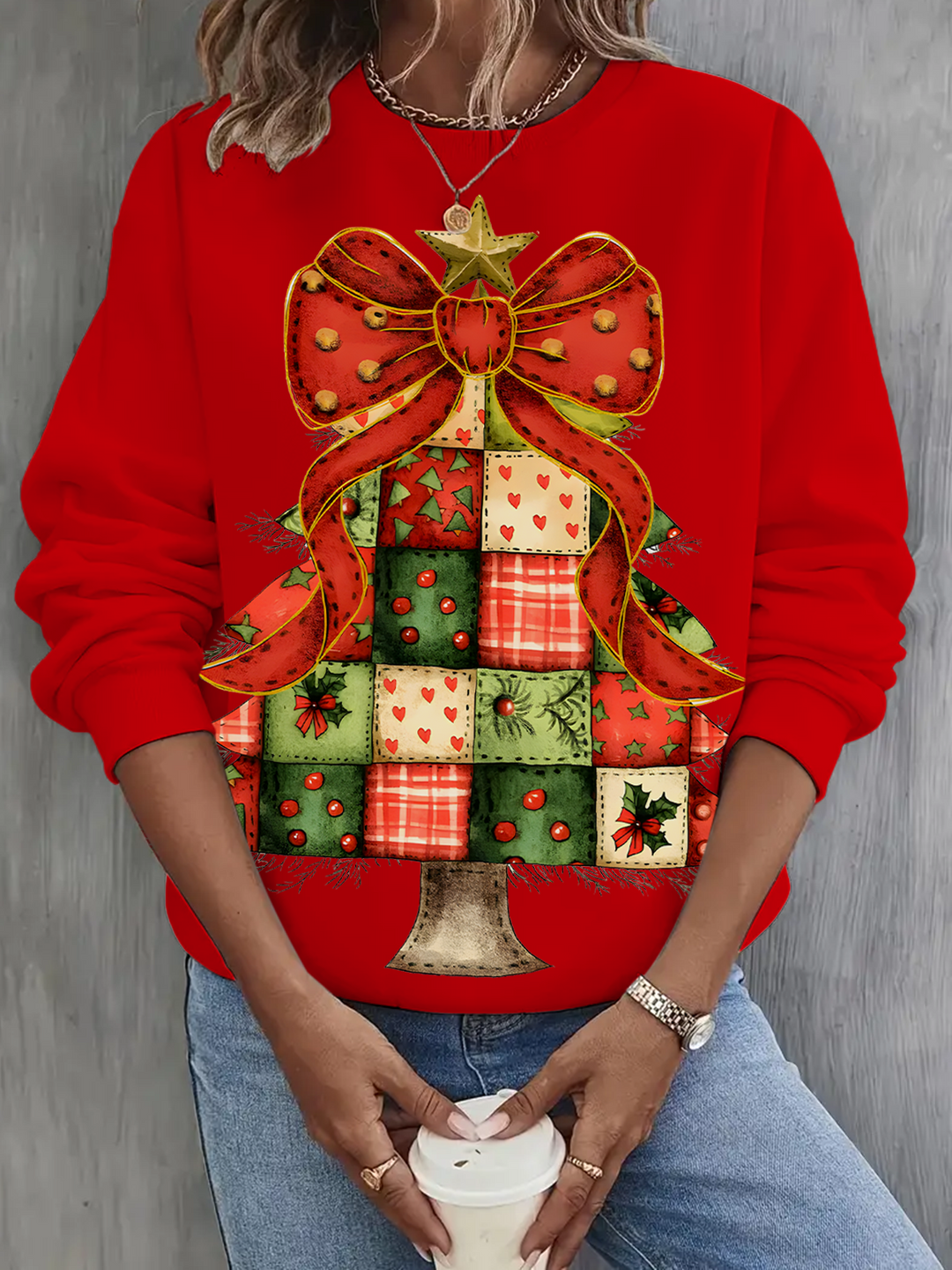 Patchwork Christmas Tree Printed Long Sleeve Casual Top
