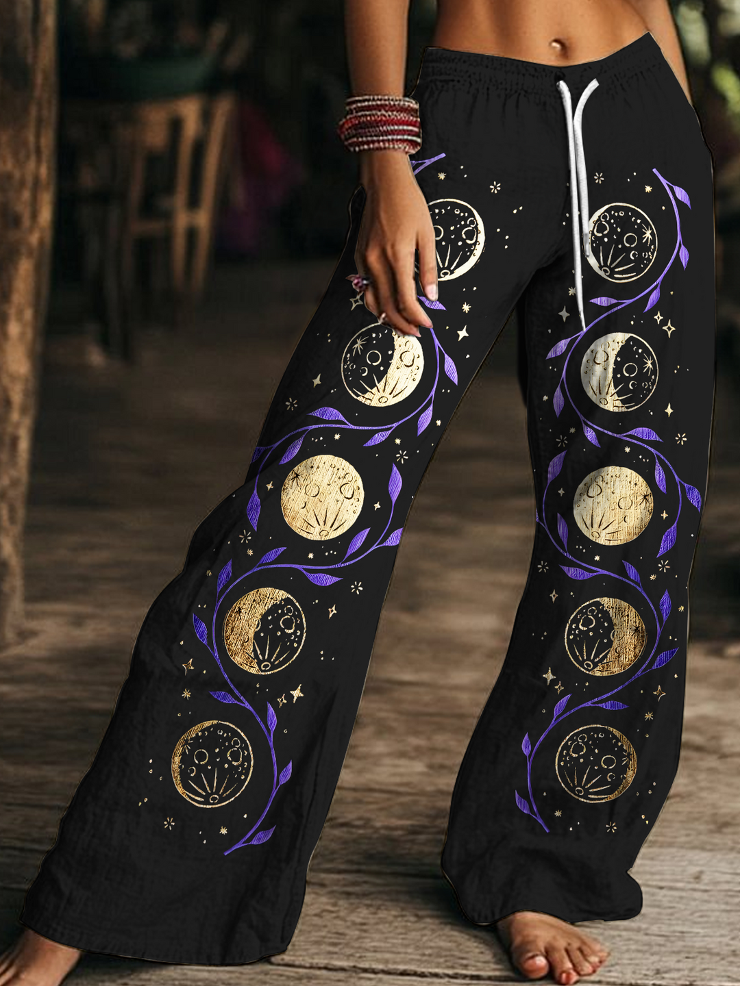 Retro Hippie Sun and Moon Art Women's Drawstring Wide-Leg Pants