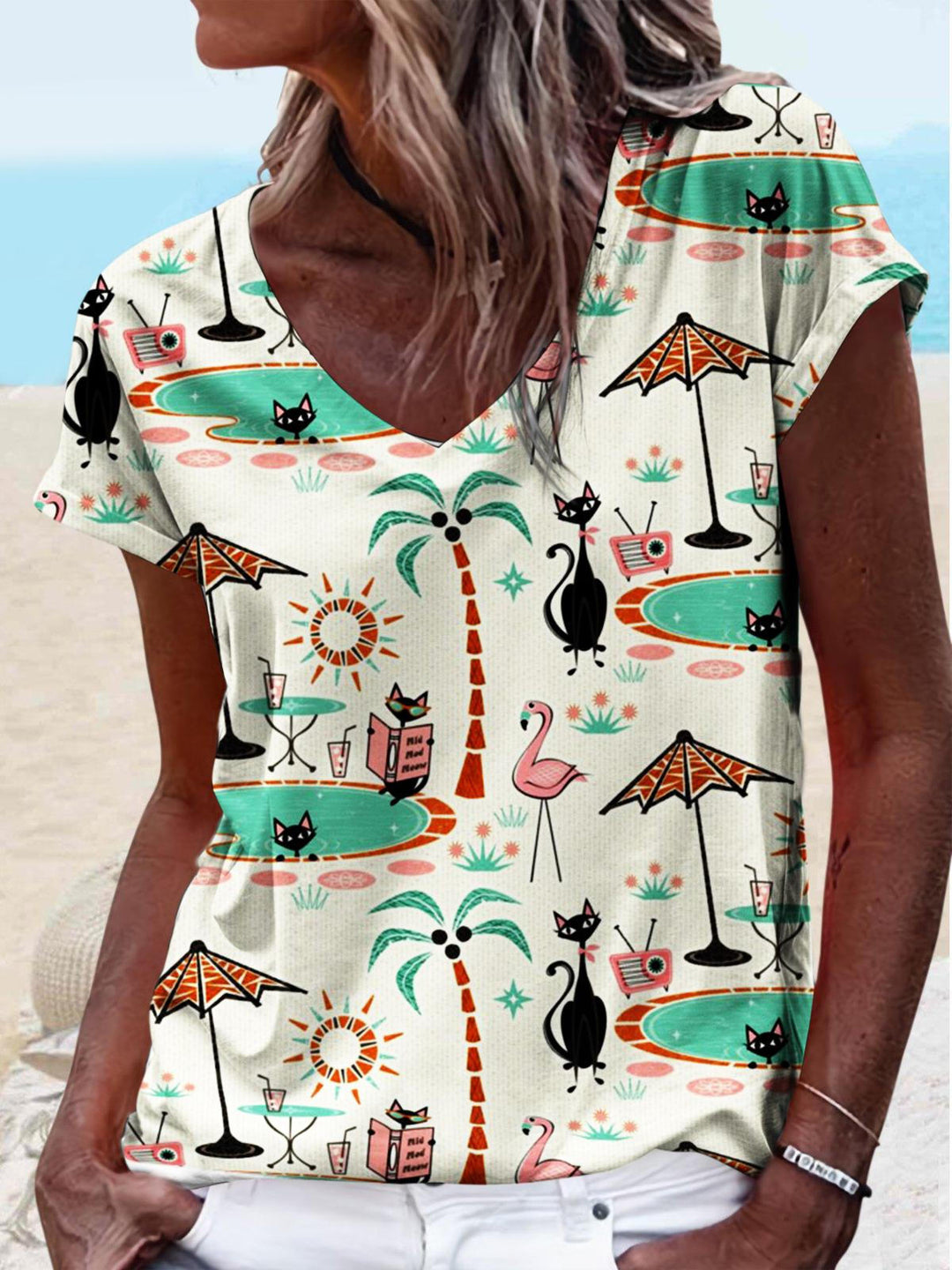 Retro Funny Hawaiian Print V-Neck Short Sleeve T-Shirt