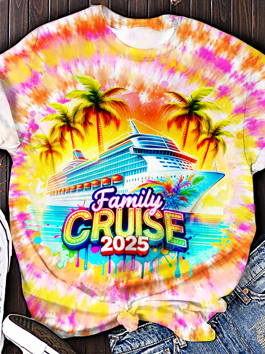 Family Cruise 2025 Watercolor Tie-dye Art Crew Neck T-shirt