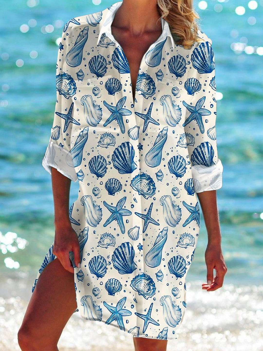 Retro Marine Life Printed Long Sleeve Beach Shirt Dress