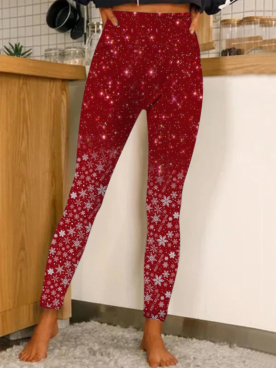 Women's Christmas Fine Glitter Snowflake Print Leggings