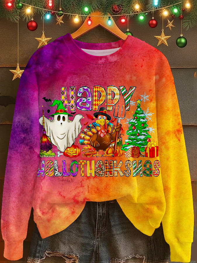 Happy Hallothanksmas Ghost Turkey And Tree Printed Long Sleeve Casual Top