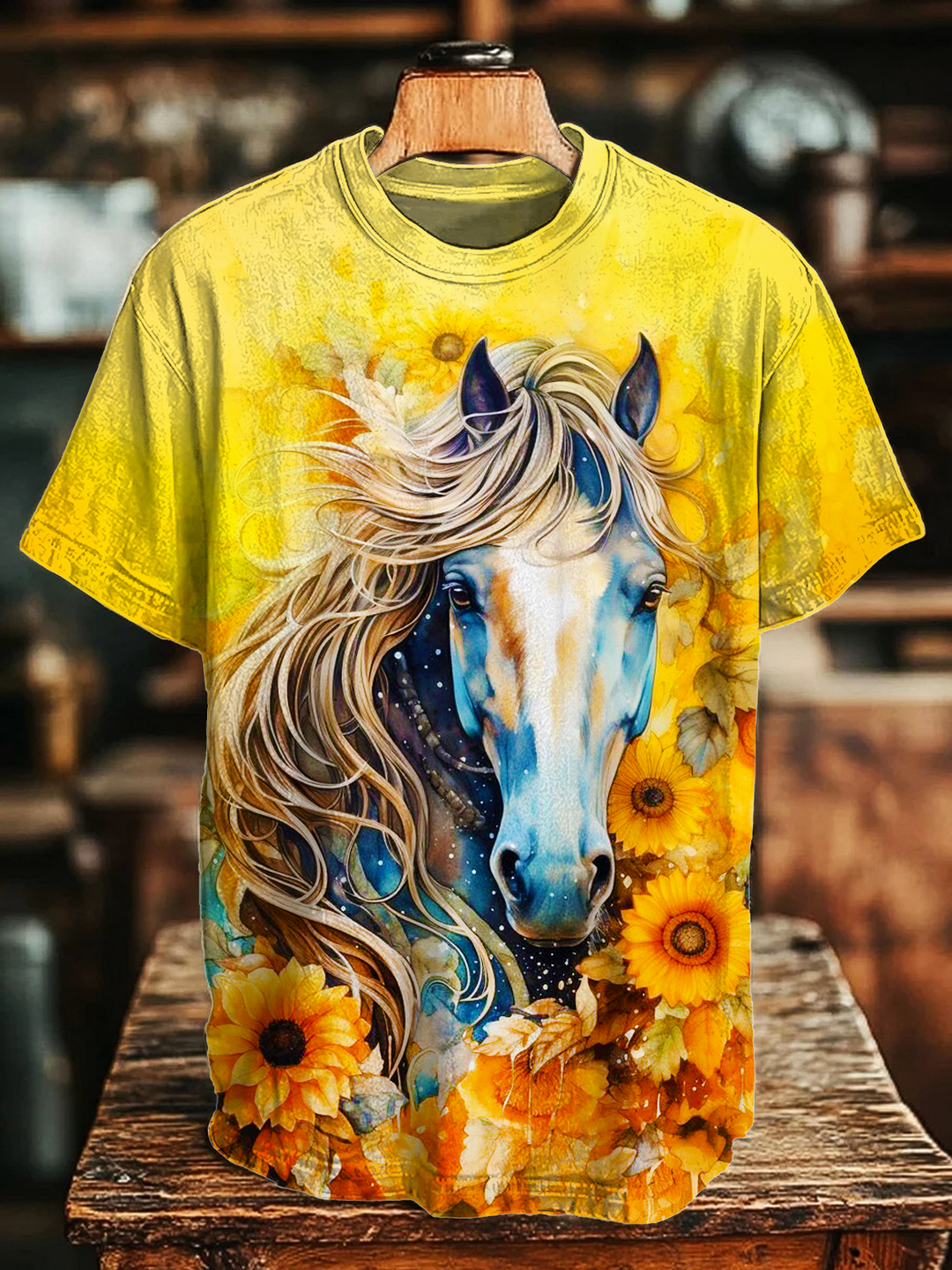 Retro Floral Horse Art Crew Neck T-shirt