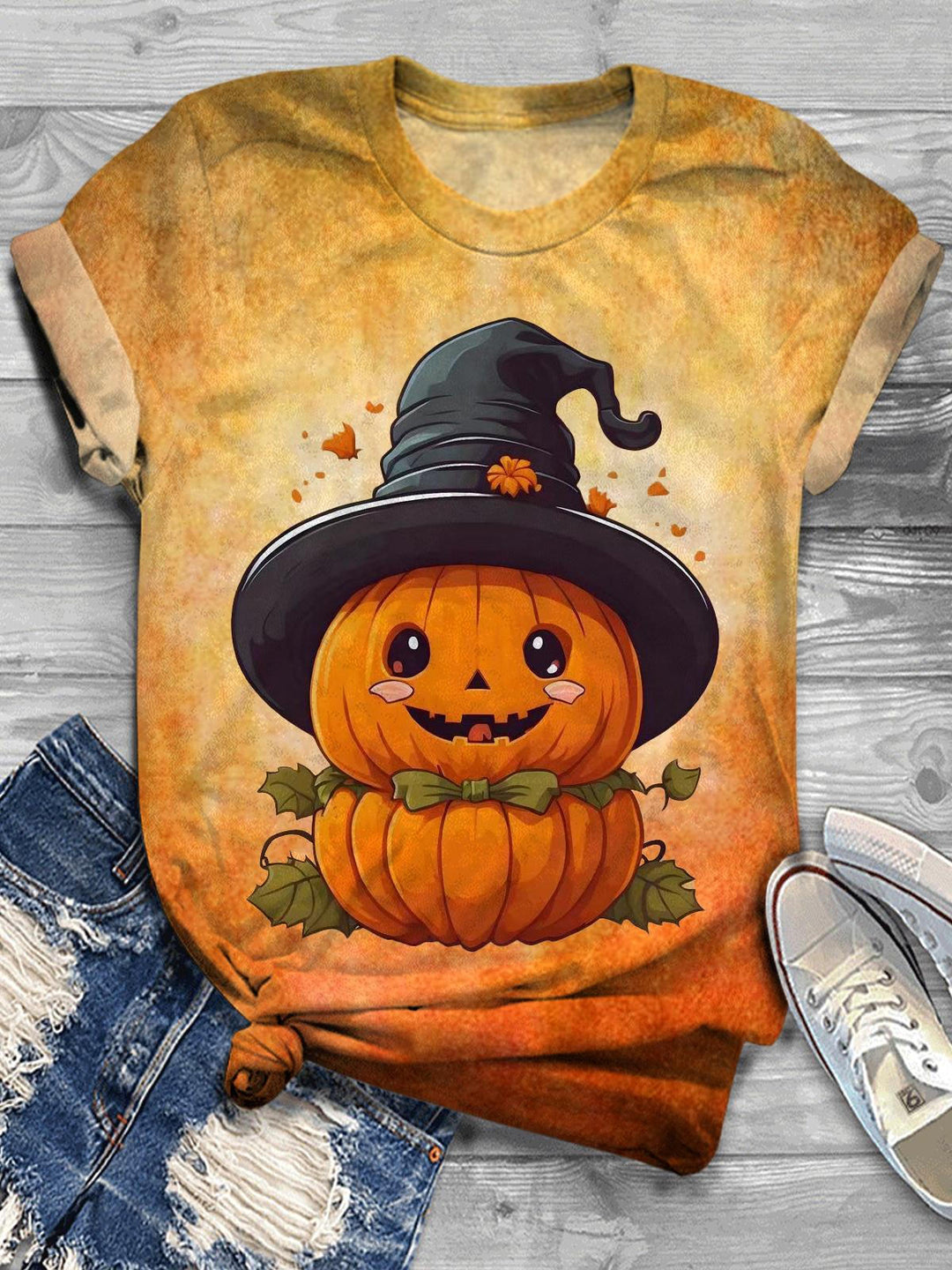 Cute Pumpkin Witch Crew Neck T-shirt