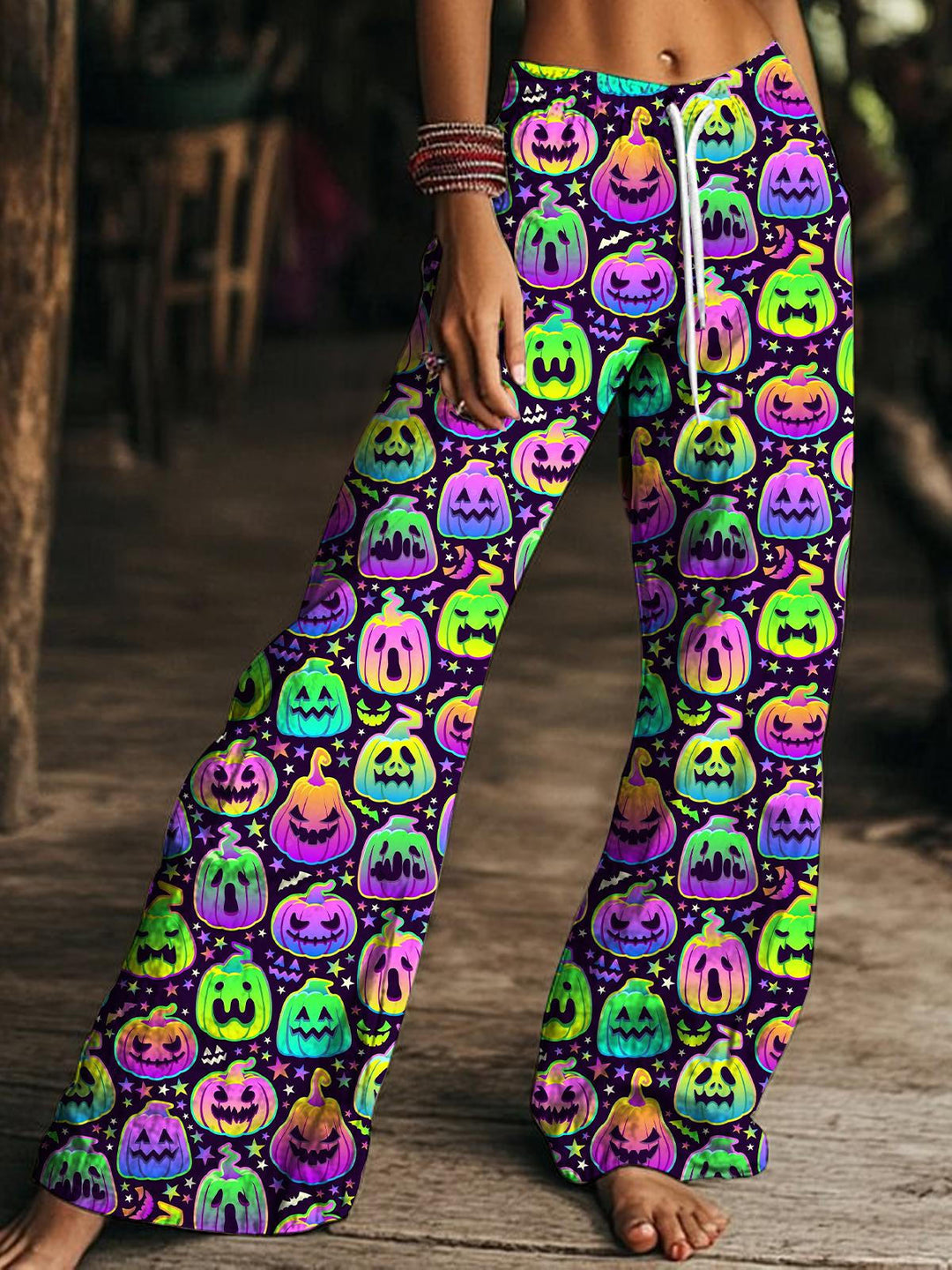 Women's Halloween Pumpkin Drawstring Wide-Leg Pants
