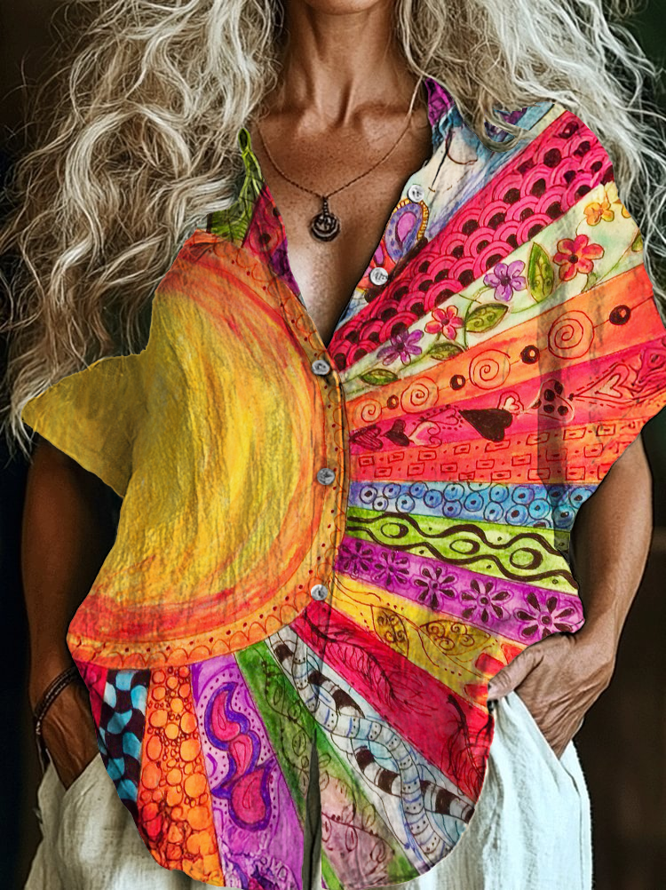 Colorful Classic Sunny Hippie Art Lapel Short Sleeve Shirt