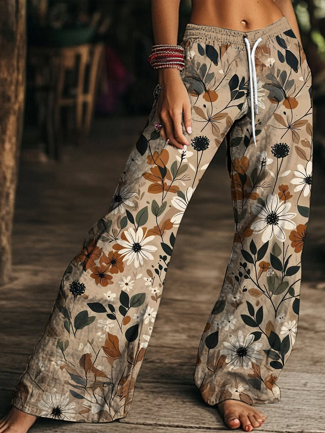Retor Bohemian Floral Women's Drawstring Wide-Leg Pants