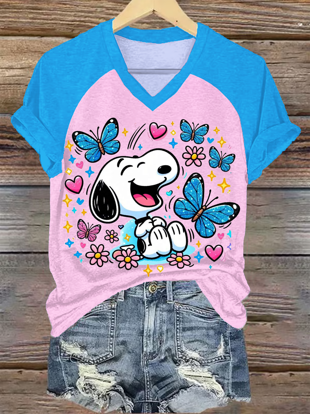 Fun Holiday Butterfly Flowers Snoopy V-neck T-Shirt