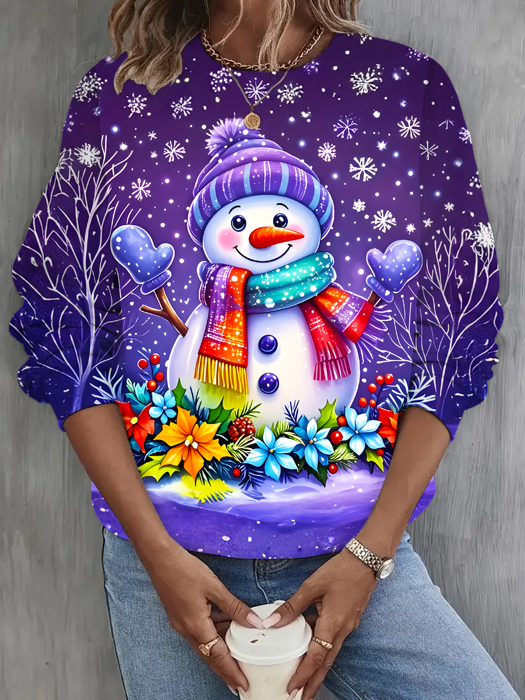 Winter Christmas Floral Snowman Printed Long Sleeve Casual Top