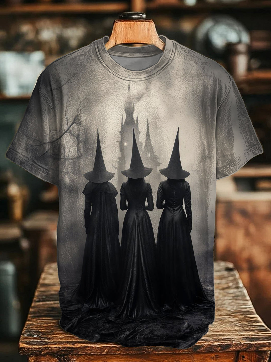 Gothic Halloween Witch Print Crew Neck T-shirt